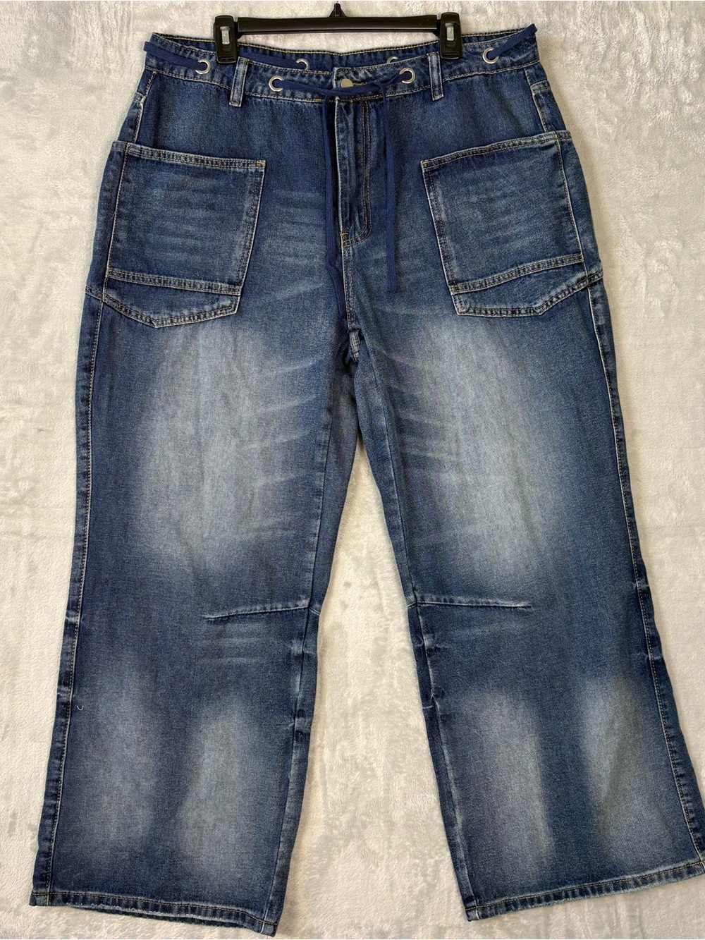 Aaron & Amber Barrel-Leg Baggy Blue Jeans High Rise Size 1XL 36x29 Faded Pockets